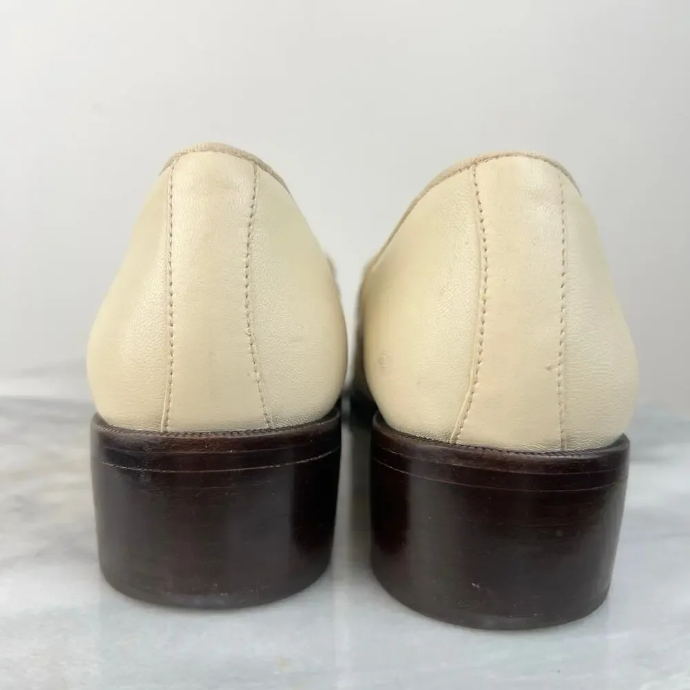 Tory Burch Eleanor Logo Block Heeled Shoes Ivory Leather Slip In Loafer (Sz 8.5)